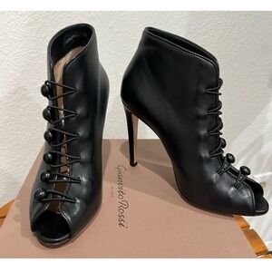 Gianvito Rossi Black Leather Peep Toe Lace Up Button Ankle Boots Heels
